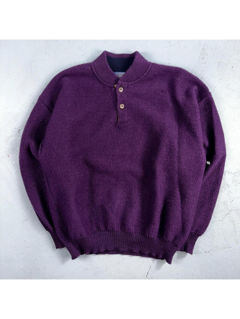 Pendleton 80s Vintage Henry Neck Sweater Elbow Patch Mens Size XL Wool Purple